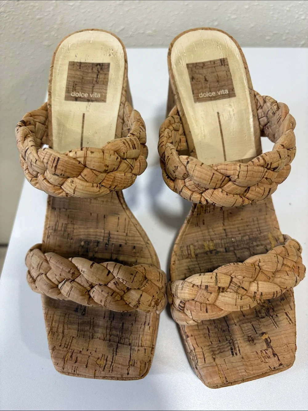Dolce Vita Ashby Braided Cork Double-Strap Slide Heels in Natural Tan